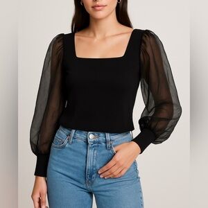 House of Harlow Black Square Neck Top with Sheer Puff Sleeves